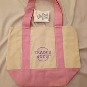 Trader Joes Pastel New Drop Mini Pink and Cream Canvas Tote Bag